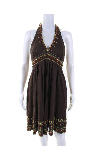 BCBG Max Azria Womens Cotton Beaded Tied Zip Backless Halter Dress Brown Size 6P