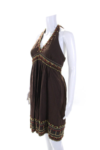 BCBG Max Azria Womens Cotton Beaded Tied Zip Backless Halter Dress Brown Size 6P