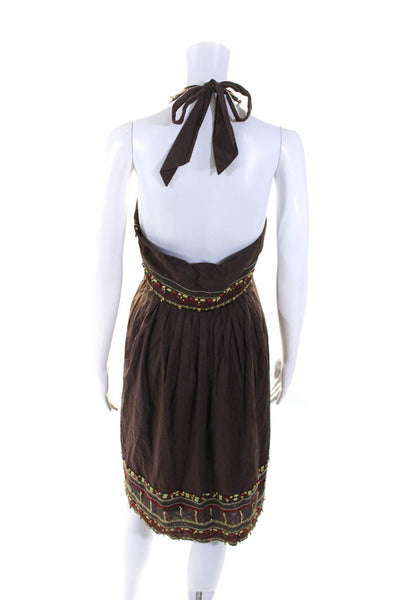 BCBG Max Azria Womens Cotton Beaded Tied Zip Backless Halter Dress Brown Size 6P