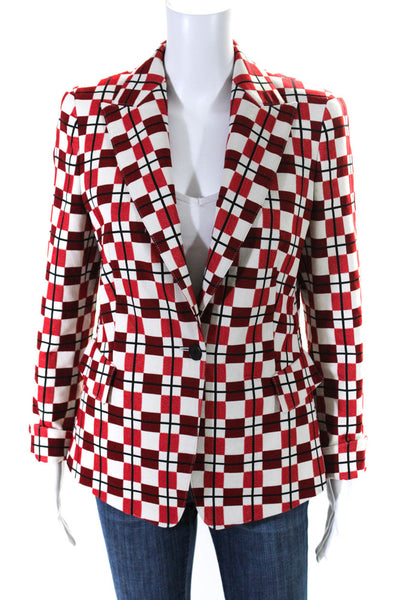 Akris Punto Womens Check Jacquard Peak Lapel Blazer Jacket White Red Size 8