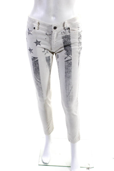 Haute Hippie Womens Striped Flag Print Skinny Leg Jeans White Black Size  27