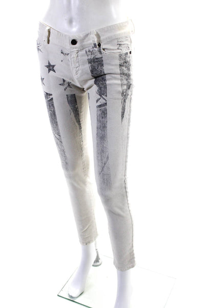 Haute Hippie Womens Striped Flag Print Skinny Leg Jeans White Black Size  27