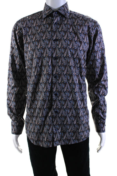 Eton Mens Blue Paisley Print Cotton Long Sleeve Button Down Dress Shirt Size15.5