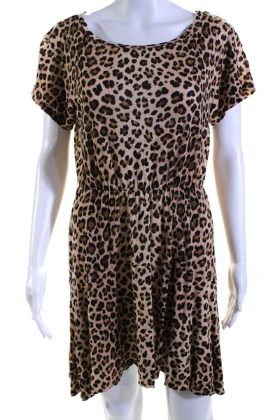 Rebecca Taylor Womens Linen Jersey Knit Leopard Print A-Line Dress Beige Size S