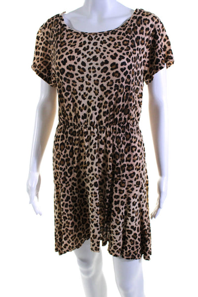 Rebecca Taylor Womens Linen Jersey Knit Leopard Print A-Line Dress Beige Size S