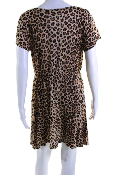 Rebecca Taylor Womens Linen Jersey Knit Leopard Print A-Line Dress Beige Size S