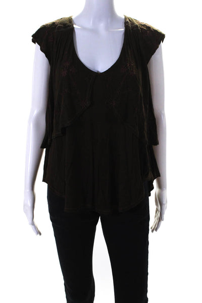 FP One by Free People Womens Embroidered V Neck Sleeveless Blouse Brown Size XS