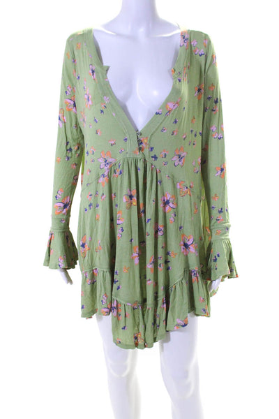 FP One by Free People Womens Long Sleeve Floral Print V Neck Dress Green Small