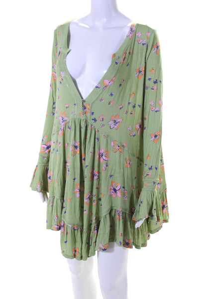 FP One by Free People Womens Long Sleeve Floral Print V Neck Dress Green Small