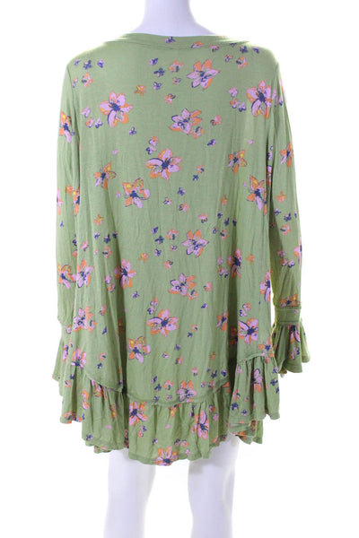 FP One by Free People Womens Long Sleeve Floral Print V Neck Dress Green Small