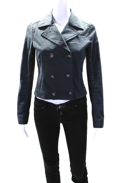 Theory Women's Collared Long Sleeves Double Breast Cropped Jacket Blue Size 4