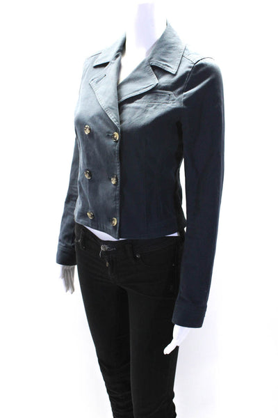 Theory Women's Collared Long Sleeves Double Breast Cropped Jacket Blue Size 4