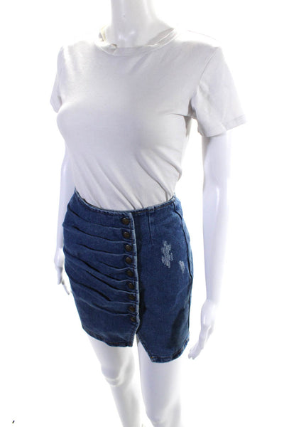 Retrofete Womens Cotton Medium Washed Snapped Buttoned Ruched Skirt Blue Size S