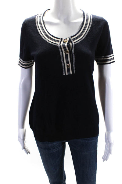 Tory Burch Womens Navy Wool Striped Scoop Neck Short Sleeve Blouse Top Size M