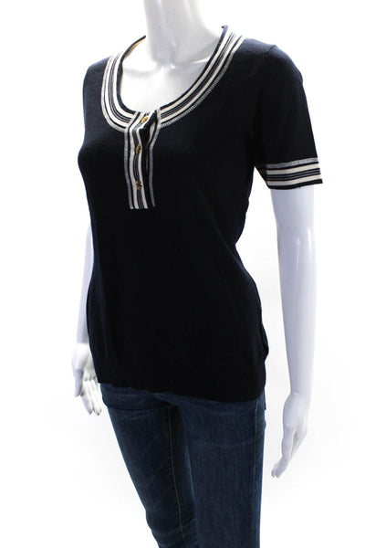 Tory Burch Womens Navy Wool Striped Scoop Neck Short Sleeve Blouse Top Size M