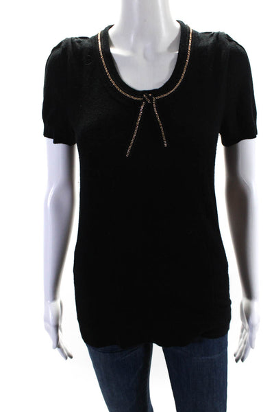 Milly Of New York Womens Black Wool Chain Detail Short Sleeve Blouse Top Size M