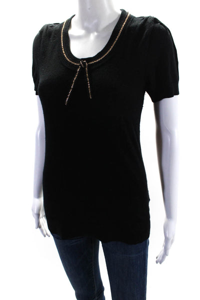 Milly Of New York Womens Black Wool Chain Detail Short Sleeve Blouse Top Size M
