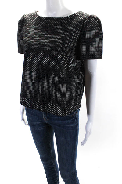 Alice + Olivia Womens Boat Neck Short Sleeve Polka Dot Blouse Black Size M