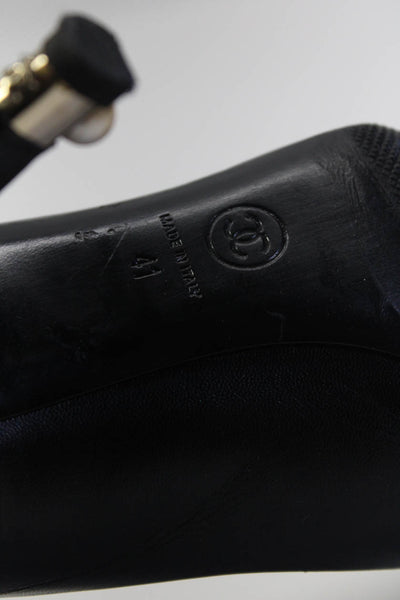 Chanel Womens Faux Pearl Stiletto Peep Toe Slip On Pumps Black Size 41 11