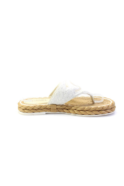 Chanel Womens 2022 Sheer Mesh CC Terry Thong Straw Espadrille Sandals White 41 1
