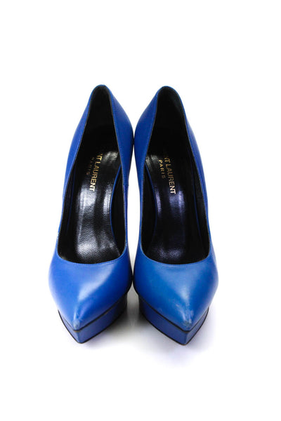 Saint Laurent Womens Leather Pointed Toe Medium Platform Pumps Blue Size 39 9