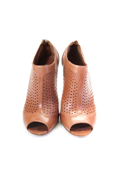 Prada Womens Leather Perforated Peep Toe Ankle Boots Chestnut Brown Size 39 9