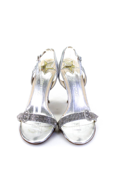 Jimmy Choo Womens Leather Jeweled Buckle Sandal Heels Silver Size 38.5 8.5
