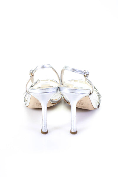 Jimmy Choo Womens Leather Jeweled Buckle Sandal Heels Silver Size 38.5 8.5