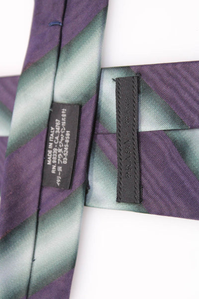 Prada Mens Silk Woven Striped Green & Purple Classic Skinny Neck Tie Size OS