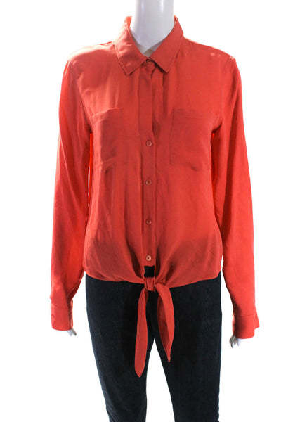 Theory Womens Silk Long Sleeve Button Down Tie Front Blouse Coral Size L