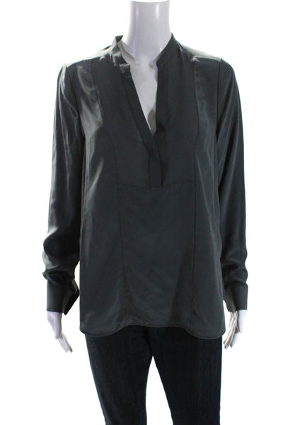 Vince Womens Silk Long Sleeve V Neck Curved Hem Blouse Gray Size S