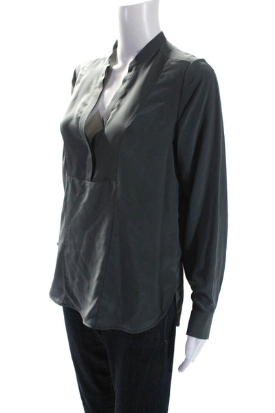 Vince Womens Silk Long Sleeve V Neck Curved Hem Blouse Gray Size S