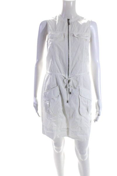 Michael Michael Kors Womens Cotton Drawstring Front Zip Shift Dress White Size S