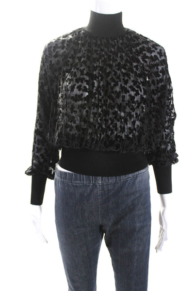 Tory Burch Womens Textured Spotted Print Mock Neck Blouson Top Black Size 4