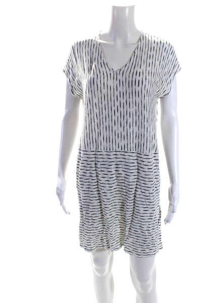Eileen Fisher Womens Cotton Striped V-Neck Short Sleeve Dress White Size M