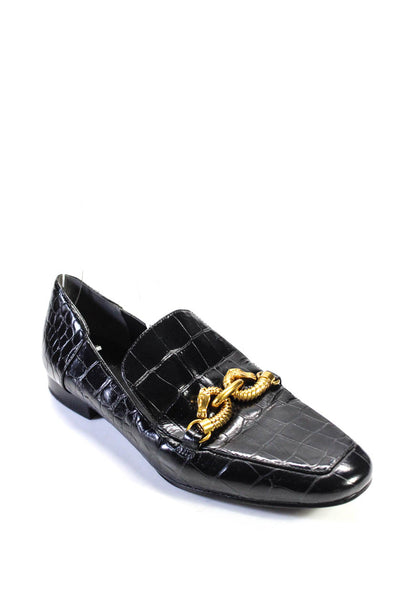 Tory Burch Womens Leather Croc Embossed Round Toe Slip On Loafers Black Size 8M