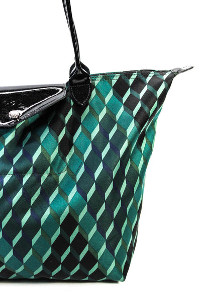 Longchamp Womens Geometric Print Zip Tote Bag Shoulder Bag Green