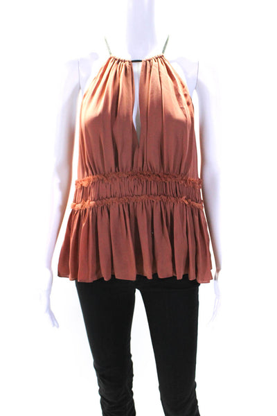 Cinq à Sept Womens Brown Silk Halter Peep Ruffle Sleeveless Blouse Top Size S