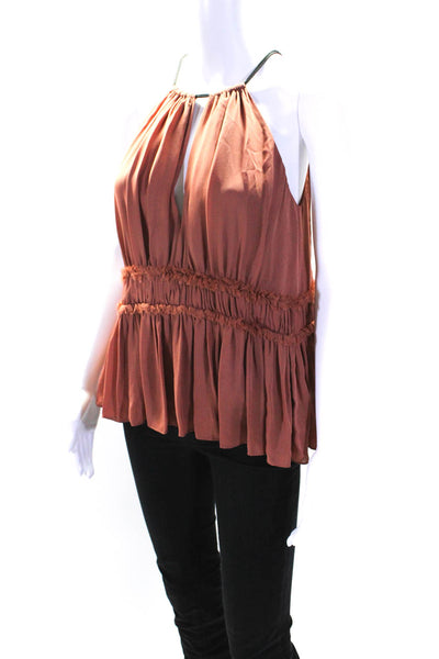 Cinq à Sept Womens Brown Silk Halter Peep Ruffle Sleeveless Blouse Top Size S