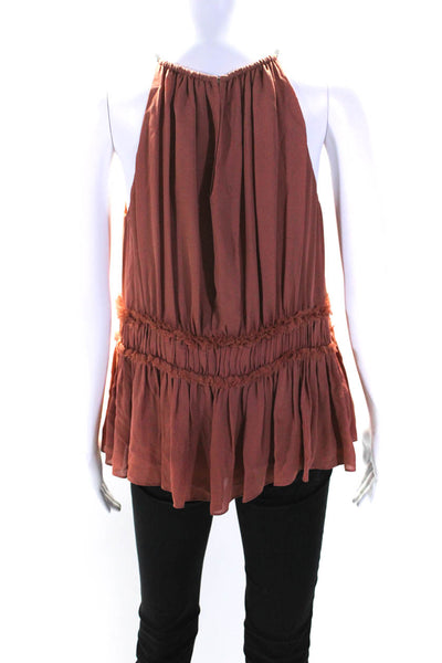 Cinq à Sept Womens Brown Silk Halter Peep Ruffle Sleeveless Blouse Top Size S