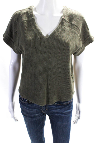 Madewell Womens Cotton Knit V-Neck Short Sleeve Blouse Top Green Size S