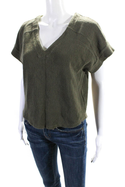 Madewell Womens Cotton Knit V-Neck Short Sleeve Blouse Top Green Size S