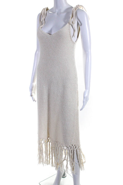 Alanui Womens Sleeveless V Neck Crochet Knit Fringe Cover Up Dress White Medium
