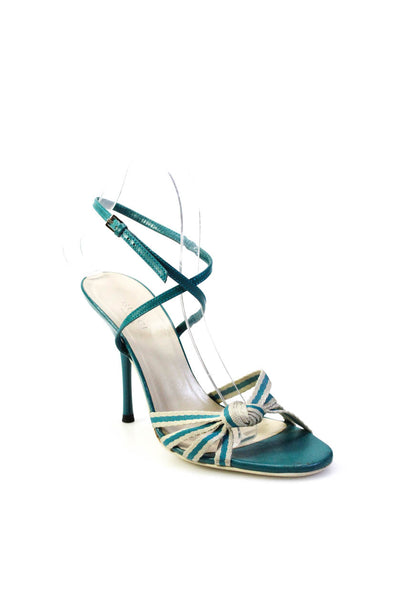 Gucci Womens Stiletto Striped Ankle Strap Sandals Blue White Leather Size 7