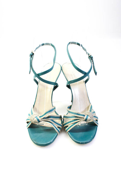 Gucci Womens Stiletto Striped Ankle Strap Sandals Blue White Leather Size 7