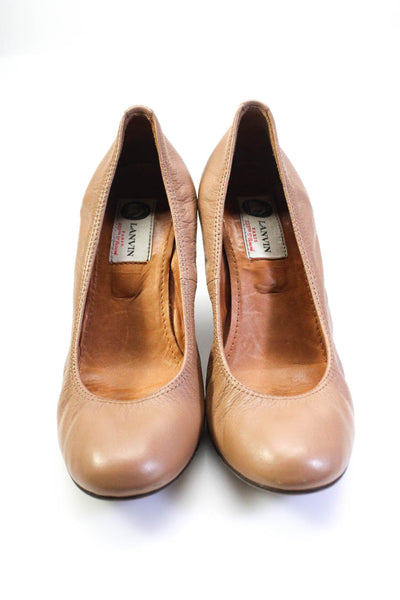 Lanvin Womens Round Toe Leather Stacked Heel Wedge Pumps Tan Size 5