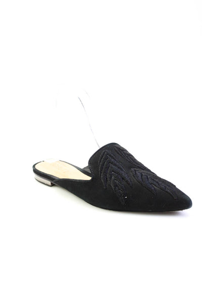 Schutz Womens Embroidered Pointed Toe Flat Mules Black Suede Size 6.5