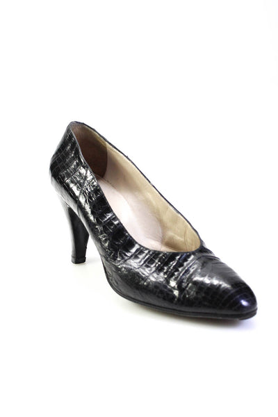 Chanel Womens Almond Toe Alligator Skin Slip On Stiletto Pumps Black Size 9