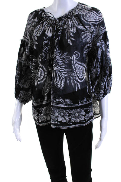 Farm Rio Women's Round Neck Long Sleeves Tassel Floral Half Button Blouse Size S