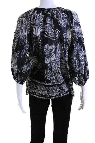 Farm Rio Women's Round Neck Long Sleeves Tassel Floral Half Button Blouse Size S